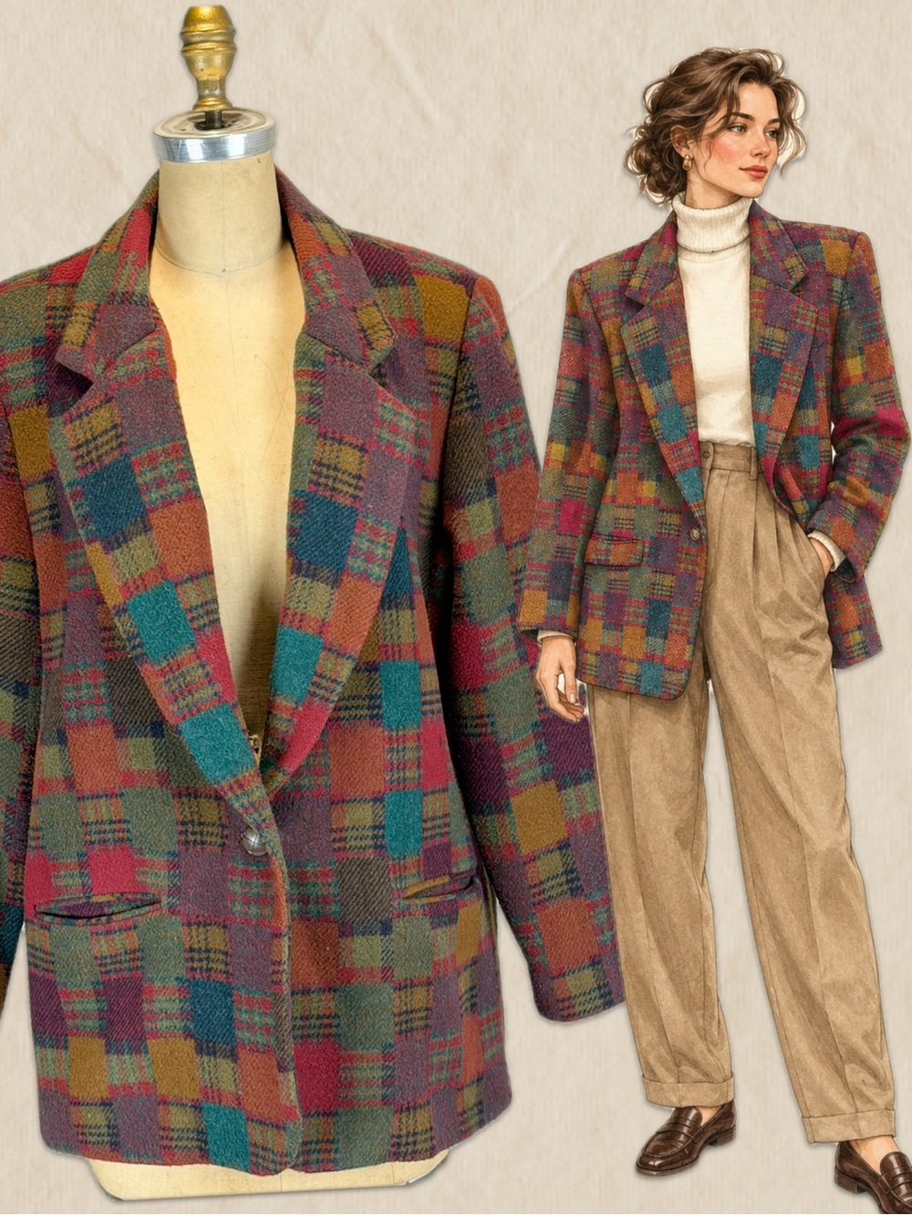 VINTAGE 80s plaid wool blazer suit jacket women’s Multicolor rainbow preppy 90s